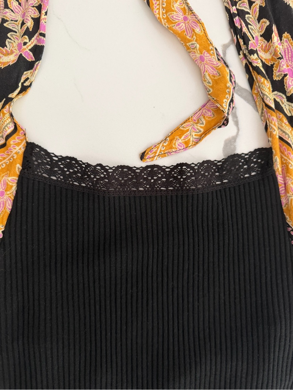 Free People Eyes For U Halter Bodysuit M Black Ribbed Scarf Tie Open Back Boho - Picture 5 of 12